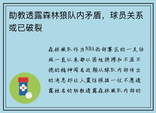 助教透露森林狼队内矛盾，球员关系或已破裂